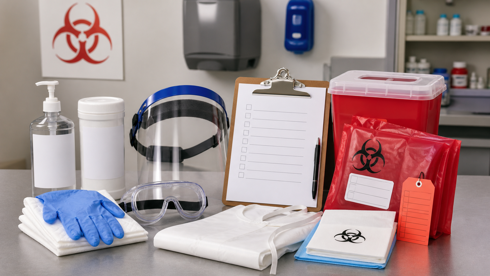Bloodborne pathogens exposure control supplies including nitrile gloves, face shield, goggles, disposable apron, biohazard cleanup kit, sharps container, absorbent pads, disinfectant bottle, sign, and checklist