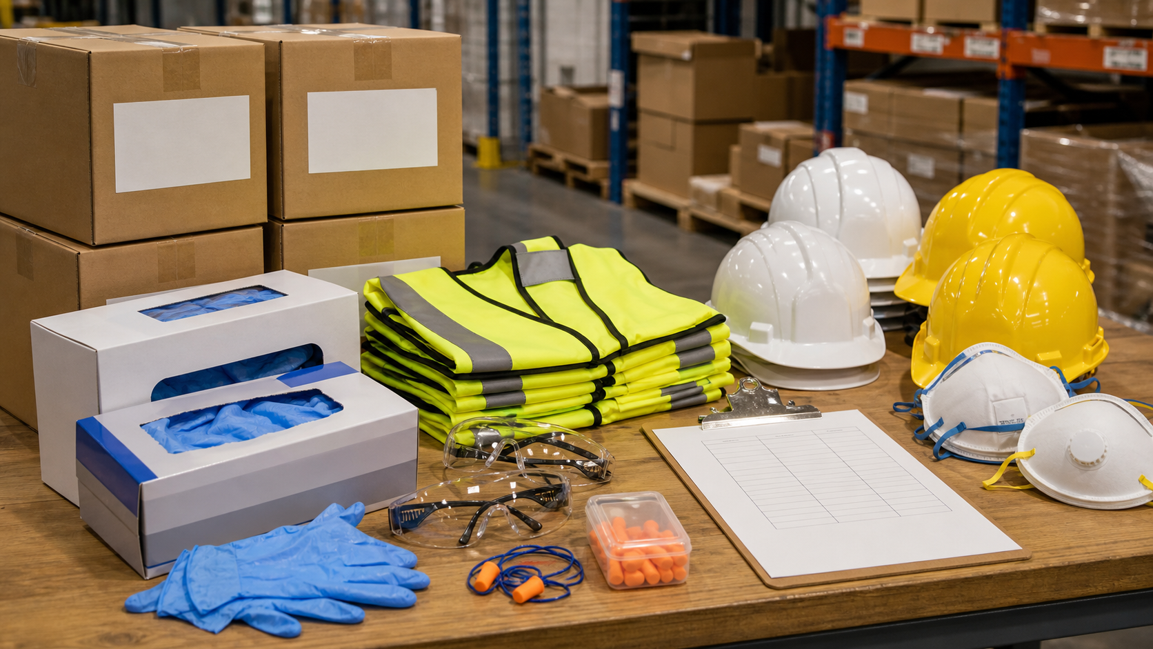 Bulk PPE supplies including gloves, safety vests, hard hats, safety glasses, earplugs, respirators, boxes, and purchasing checklist