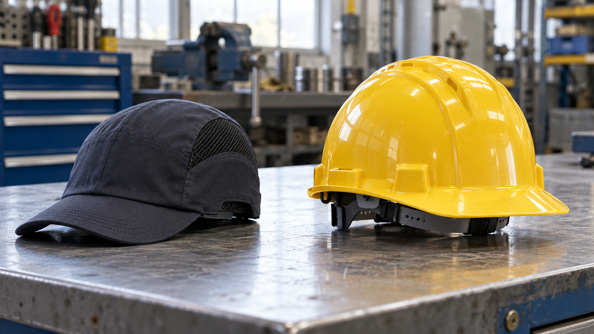 Low-profile bump cap beside an industrial hard hat on a workbench