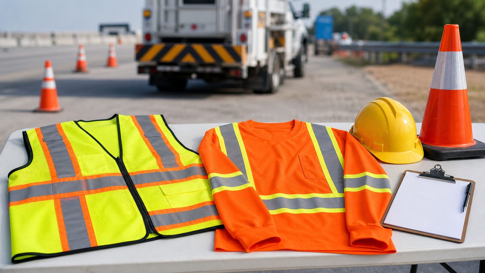Class 2 vest and Class 3 high-visibility shirt arranged near traffic cone and hard hat for work zone PPE comparison