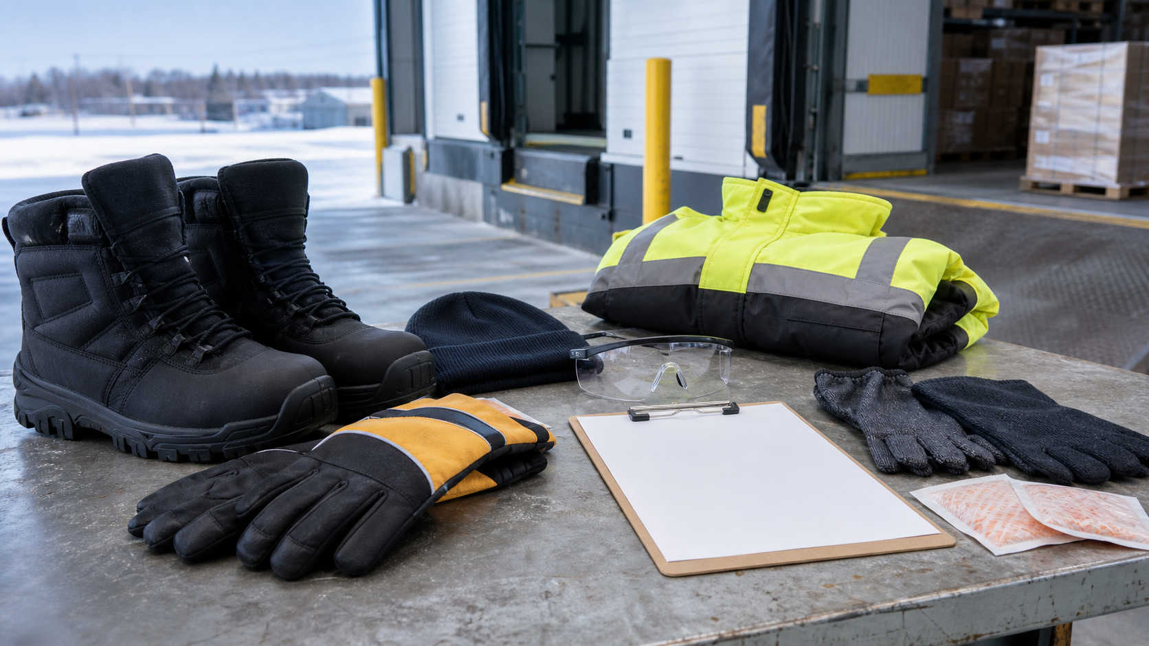 Cold weather PPE including winter work gloves, insulated boots, hi-vis jacket, knit cap, safety glasses, hand warmers, and checklist