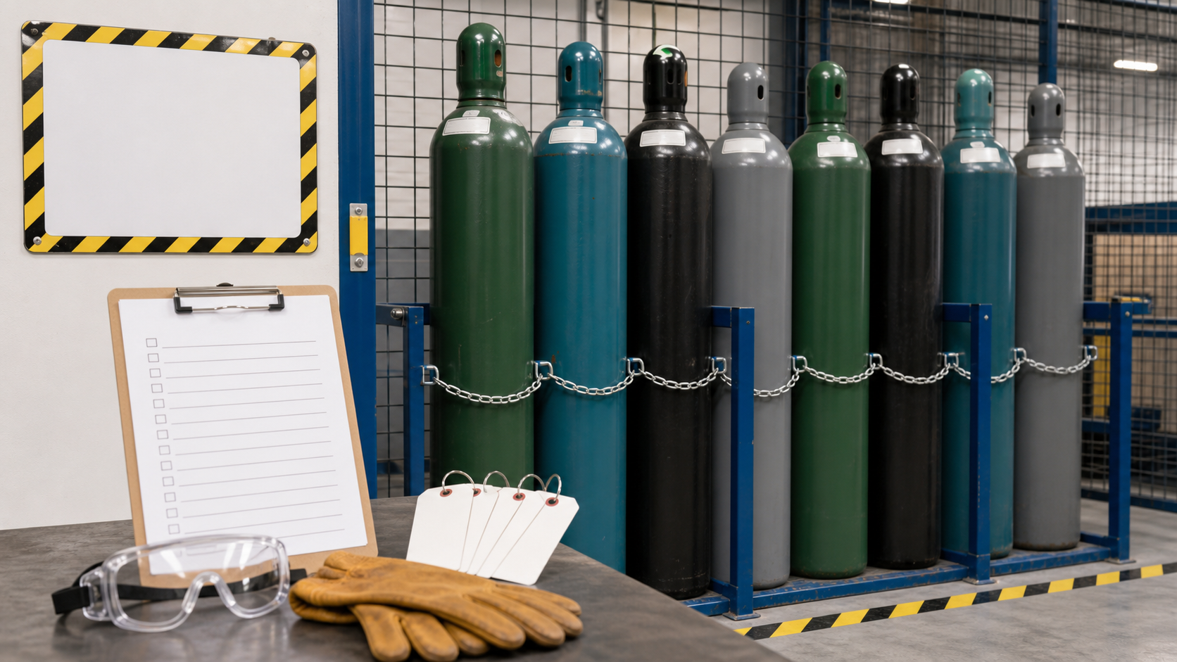 Compressed gas cylinders secured upright with chain rack, goggles, leather gloves, cylinder tags, warning sign, floor marking tape, and checklist
