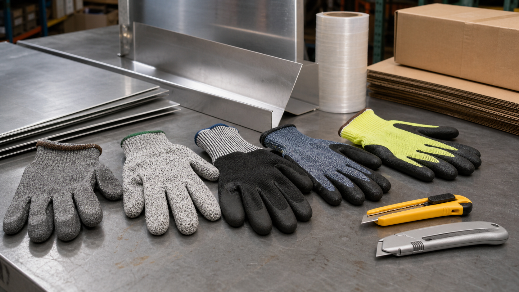 Cut-resistant work gloves arranged with metal edges and packaging tools for ANSI cut level comparison