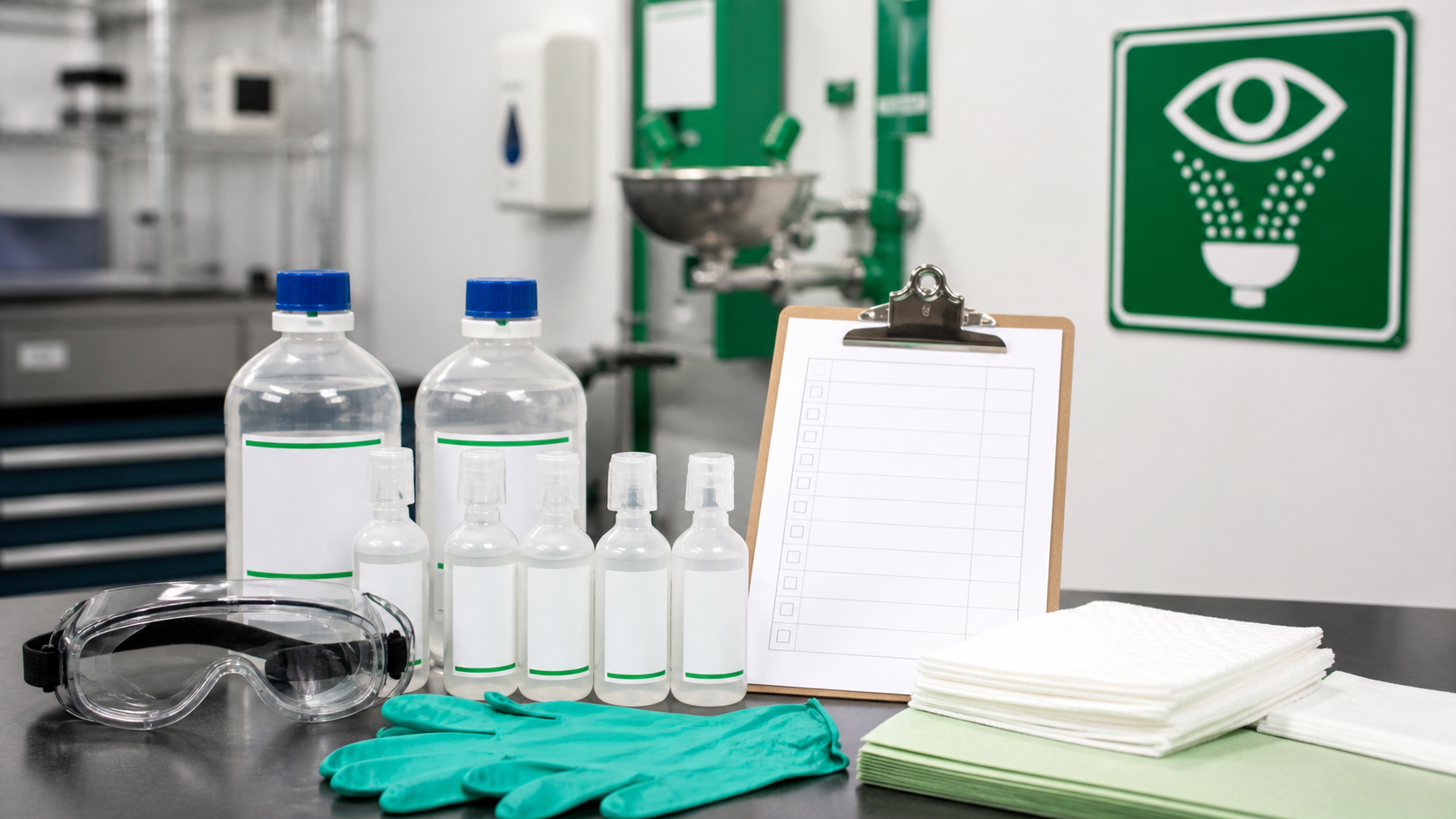 Emergency eyewash supplies with eyewash bottles, goggles, gloves, absorbent pads, eyewash station, and inspection checklist