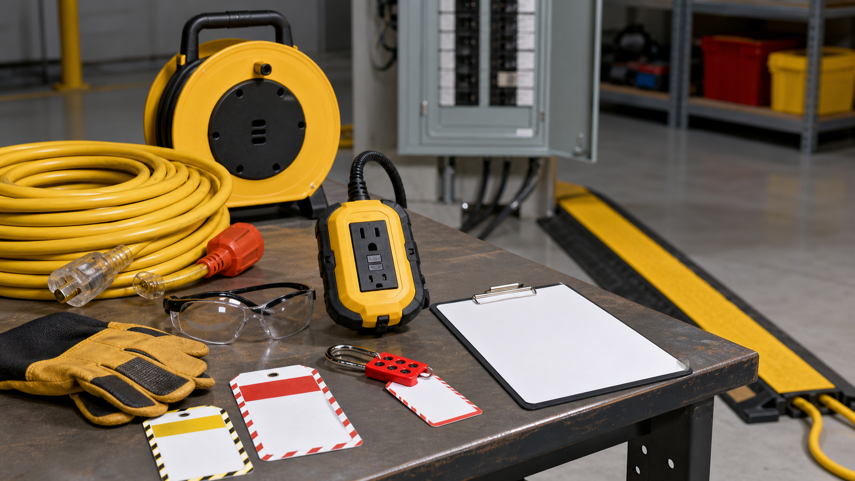 Extension cord, cable protector ramp, cord reel, portable outlet device, lockout tag, safety glasses, electrical gloves, labels, and checklist