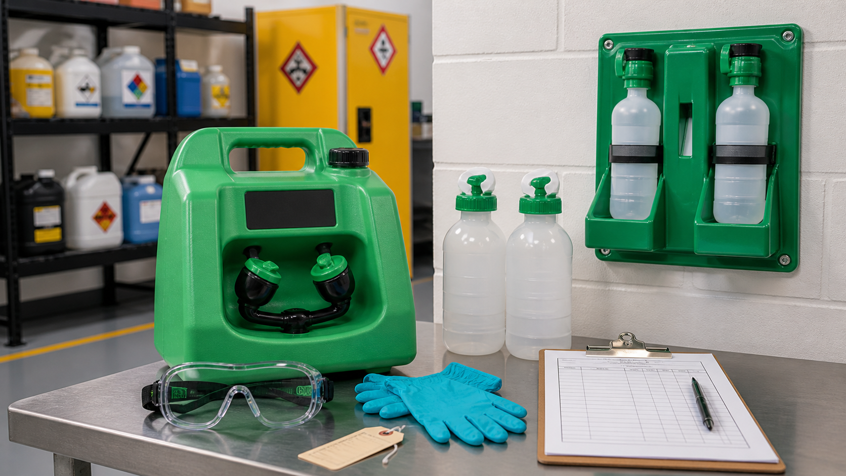 Eyewash station, eyewash bottles, safety goggles, nitrile gloves, inspection tag, and weekly inspection checklist