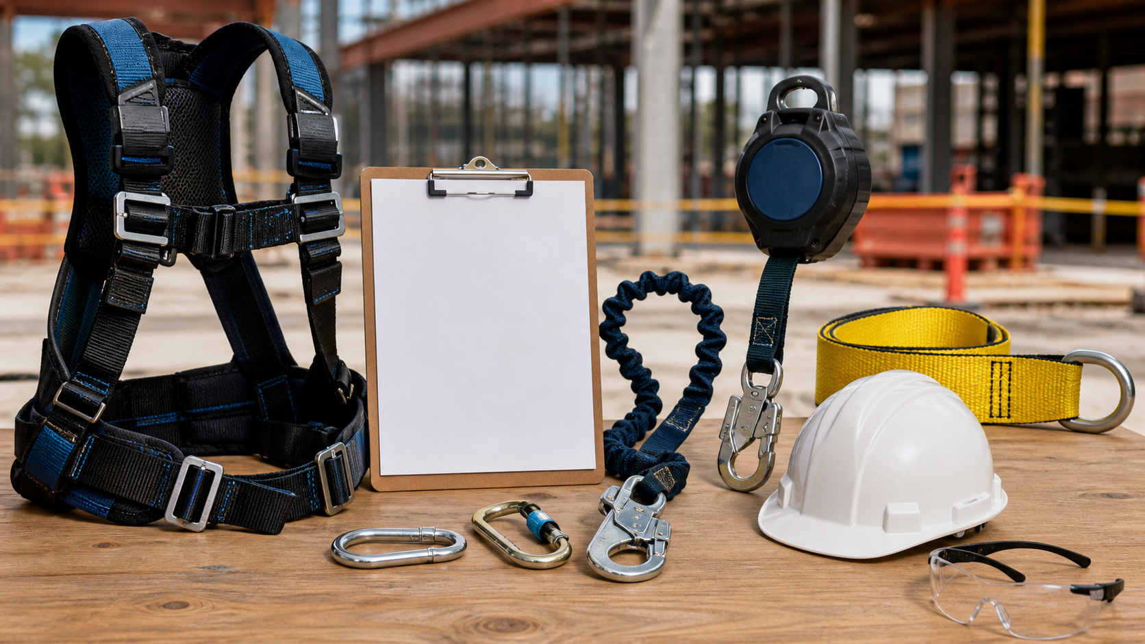 Fall protection equipment including harness, lanyard, lifeline, anchor strap, carabiners, hard hat, safety glasses, and inspection checklist