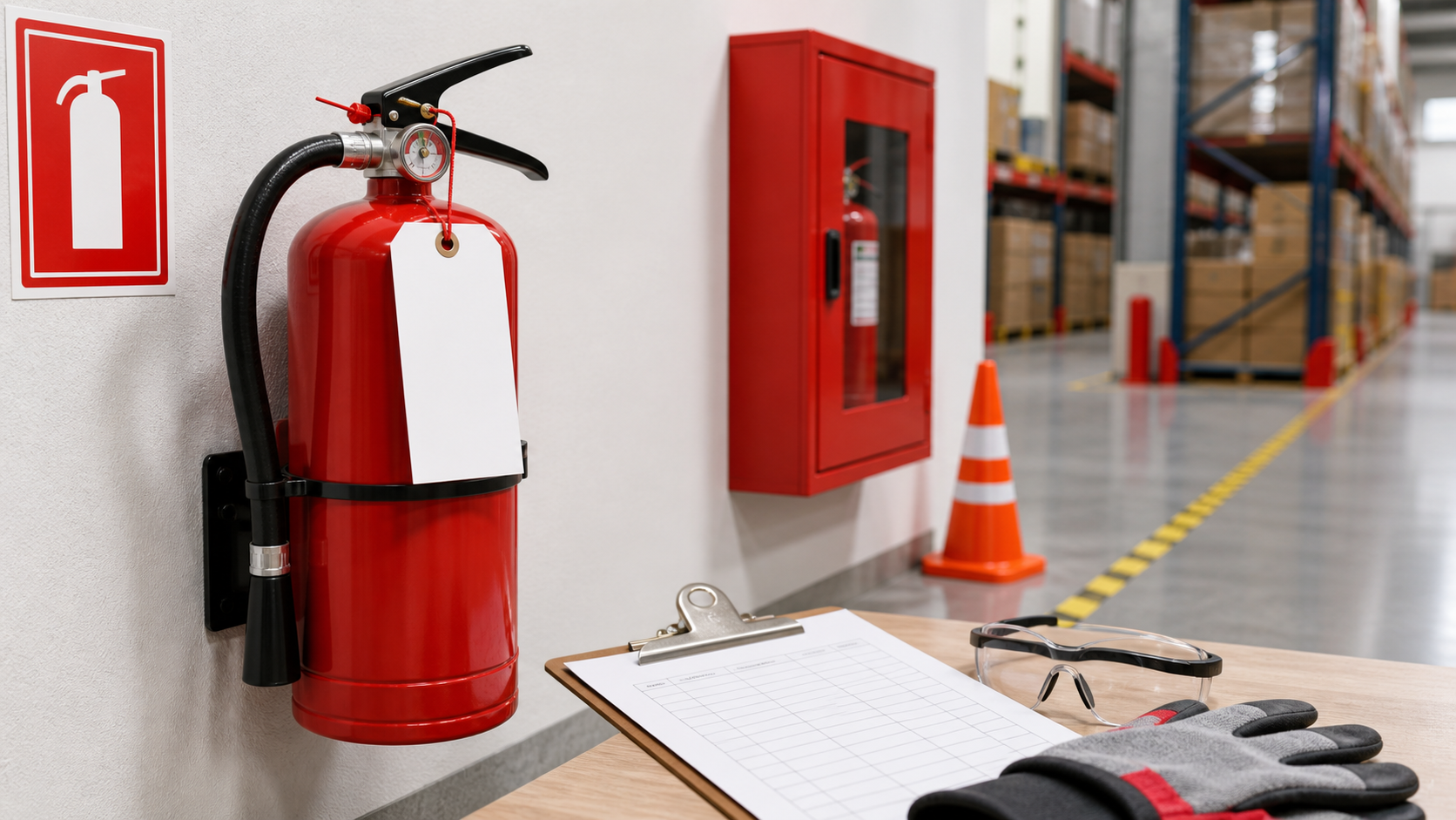 Portable fire extinguisher with blank inspection tag, tamper seal, wall bracket, fire safety sign, floor marking tape, cone, safety glasses, gloves, and checklist