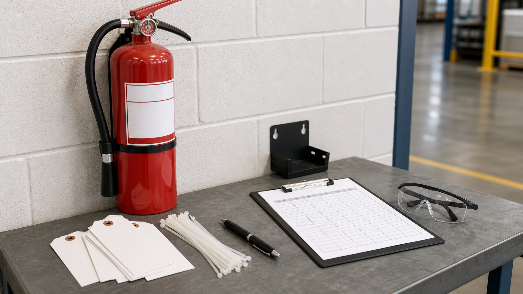 Fire extinguisher, blank inspection tags, zip ties, safety glasses, wall bracket, and monthly inspection checklist