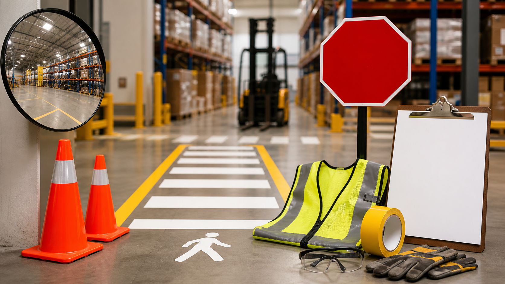 Forklift pedestrian crossing with safety mirror, cones, high-visibility vest, floor marking tape, safety glasses, gloves, and checklist