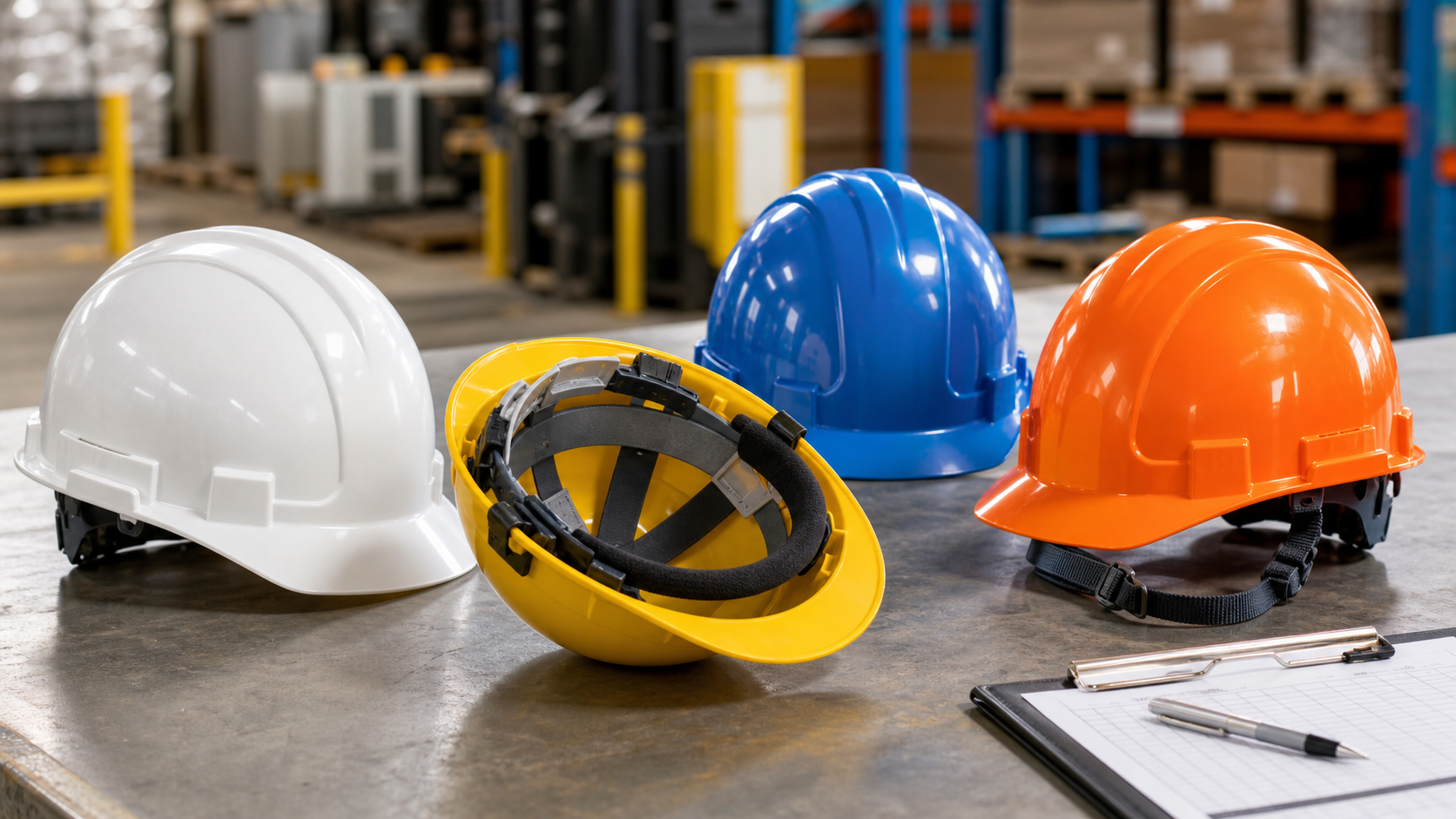 Hard hats and safety helmets arranged on a jobsite table to compare head protection classes and types