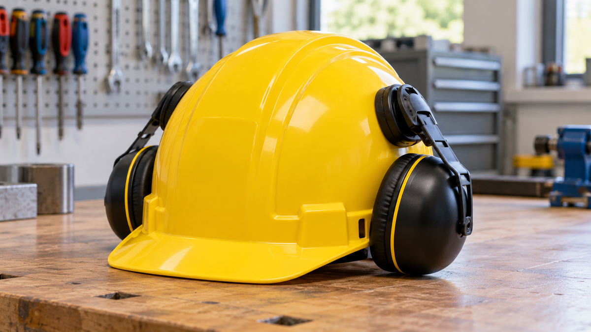 Cap-mounted earmuffs attached to a hard hat on a workshop bench