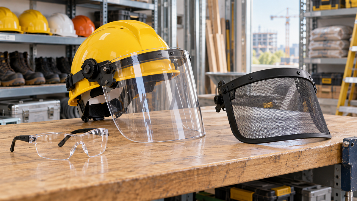 Clear face shield mounted on a hard hat beside safety glasses and a separate mesh visor