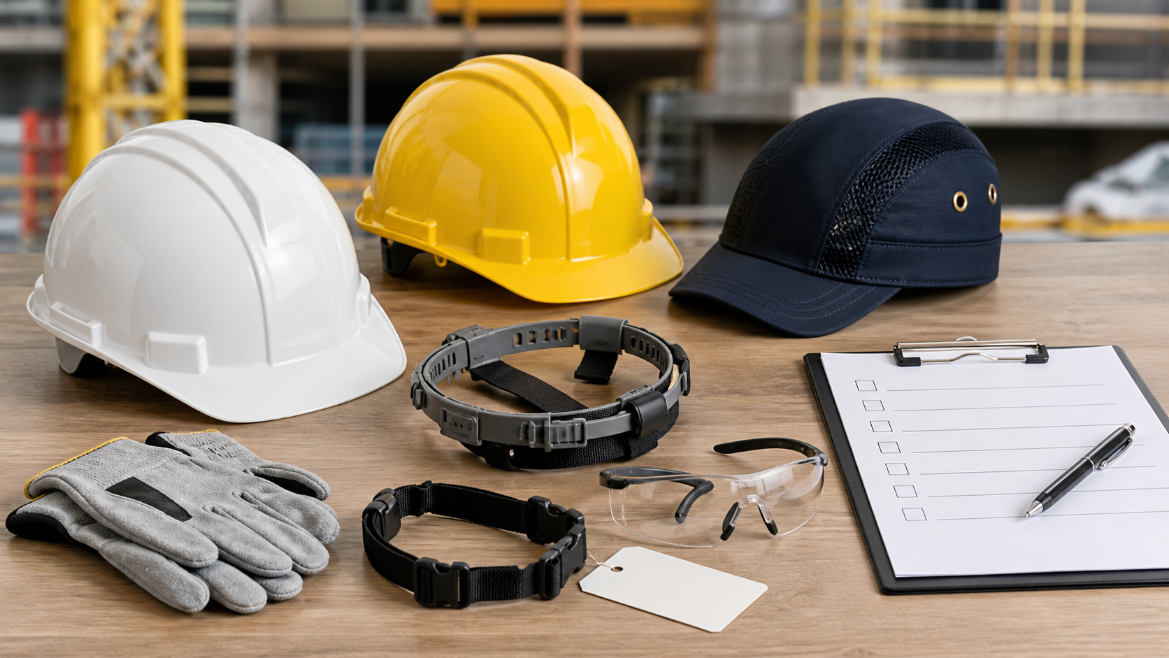 Hard hats, bump cap, suspension insert, chin strap, safety glasses, gloves, inspection tag, and checklist