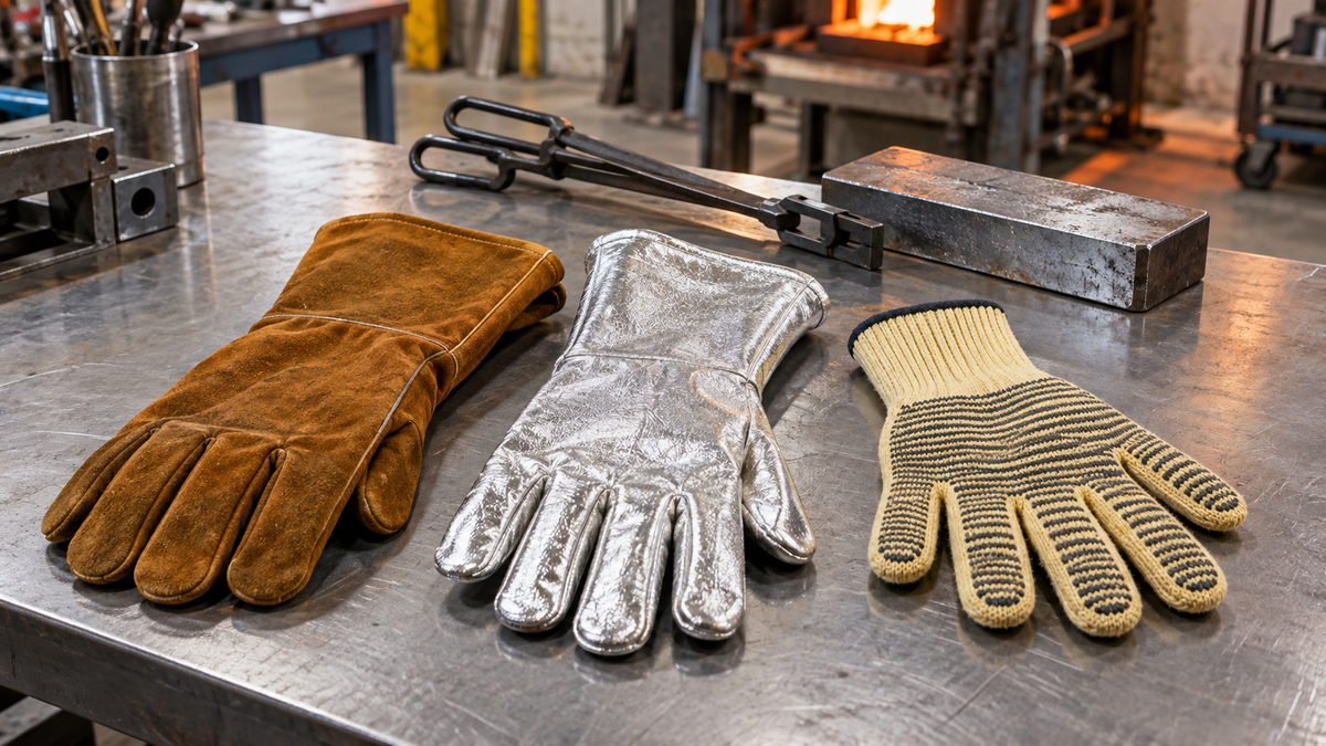 Heat-resistant leather, aluminized, and high-temperature work gloves arranged on a clean metal fabrication bench