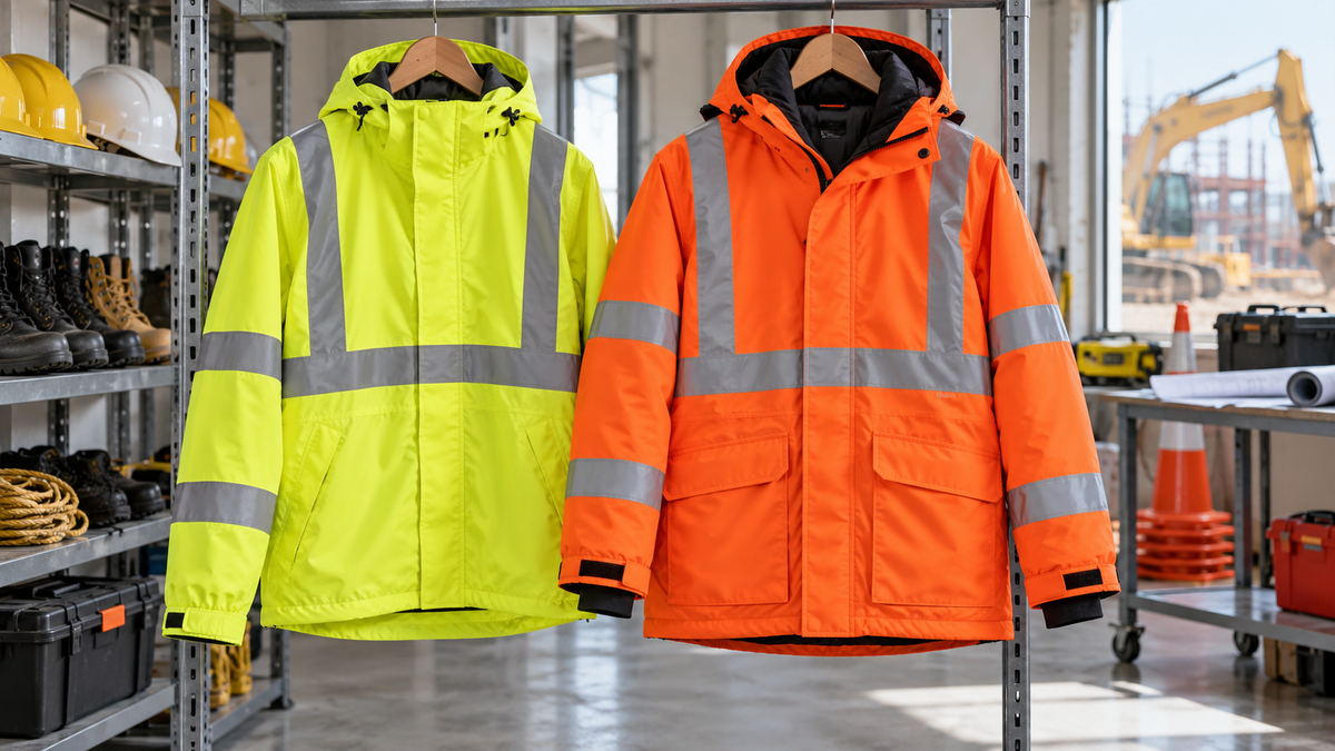 Fluorescent yellow rain jacket and fluorescent orange insulated safety parka with reflective striping