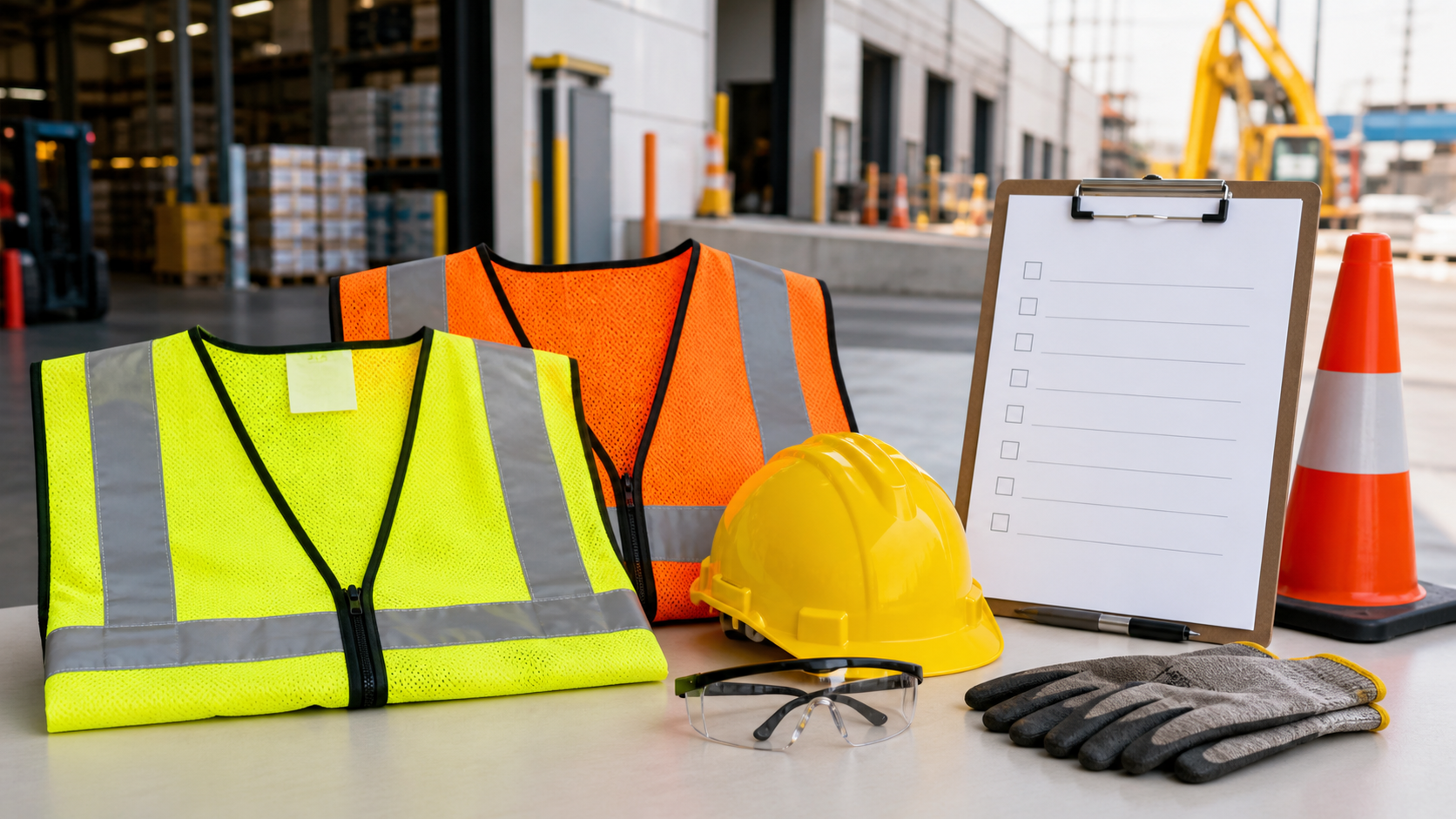 High-visibility lime and orange safety vests with reflective striping, hard hat, safety glasses, gloves, traffic cone, and checklist
