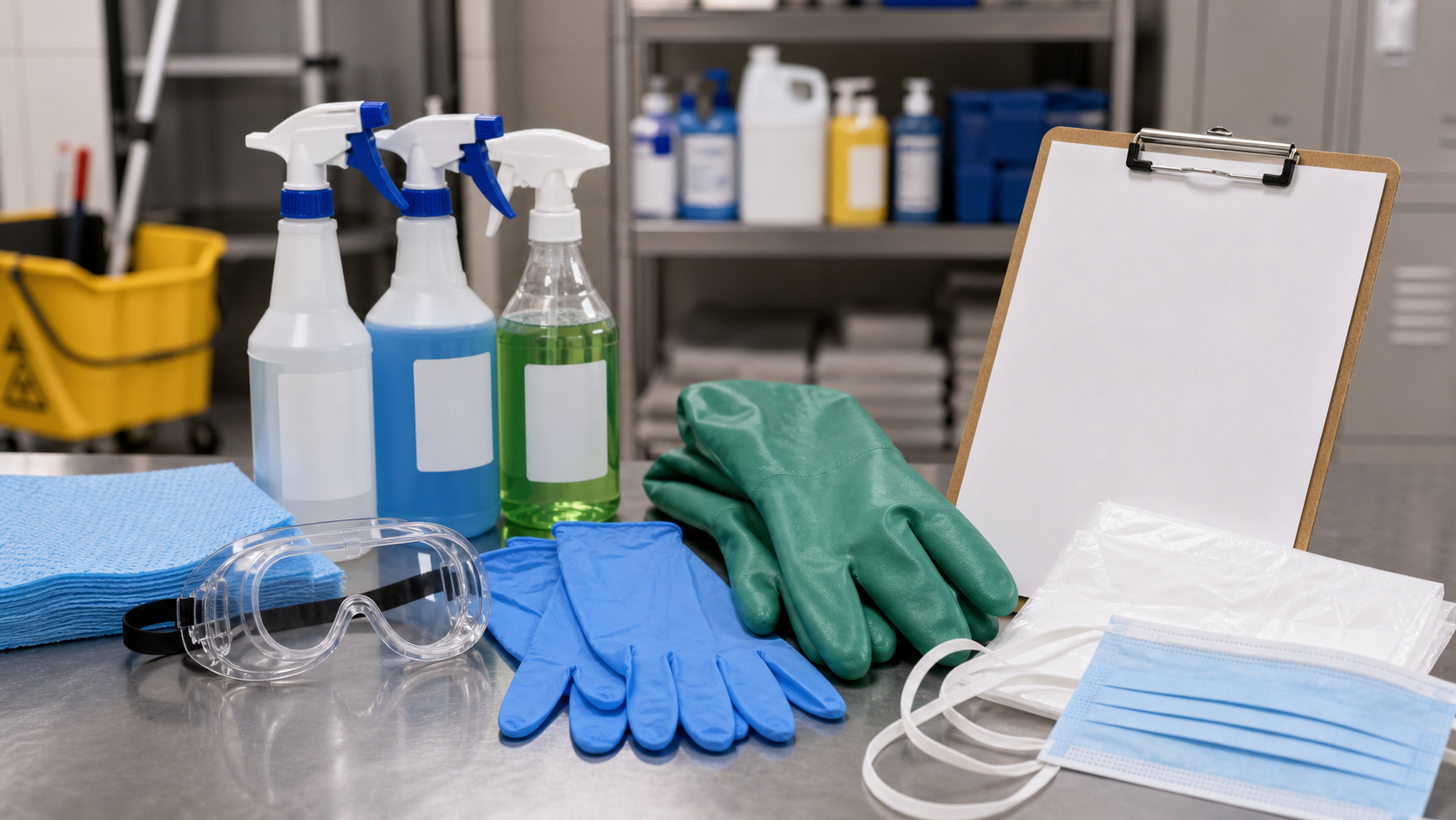 Janitorial PPE including nitrile gloves, chemical-resistant gloves, goggles, mask, cleaning bottles, and checklist