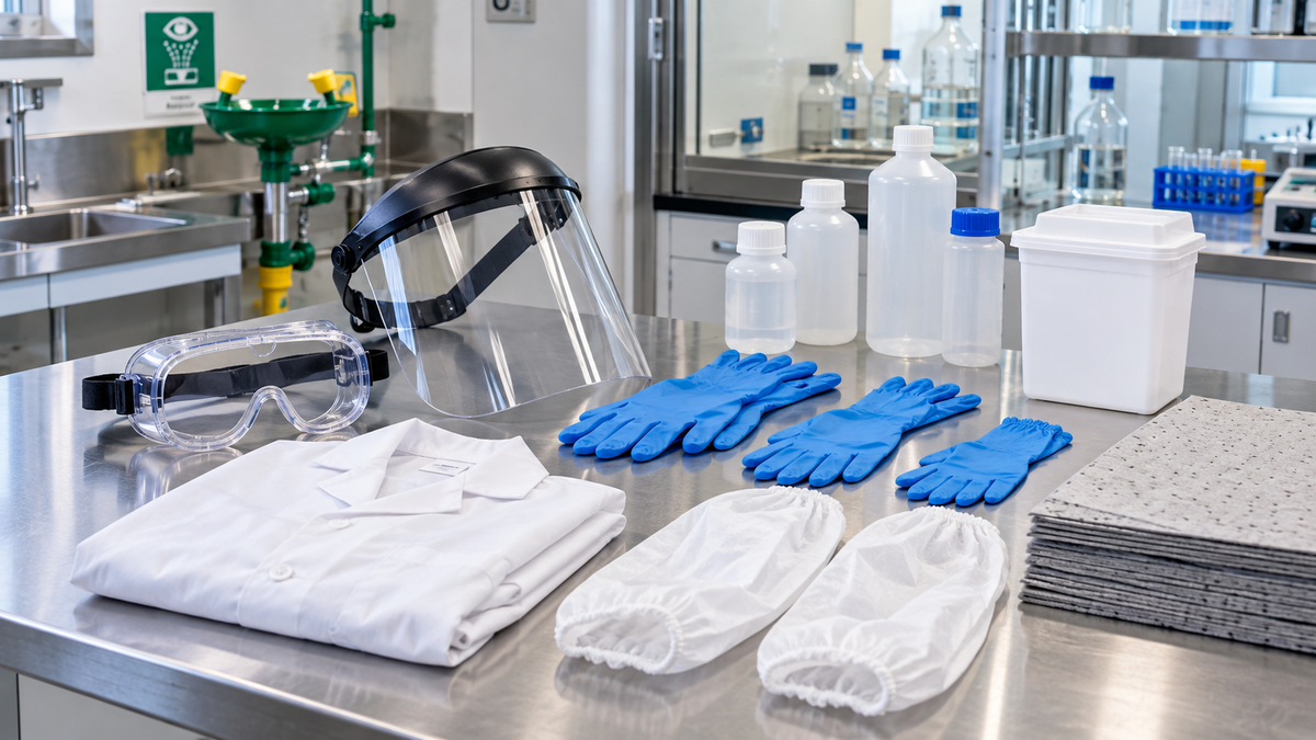 Organized laboratory safety station with splash goggles, nitrile gloves, lab coat, face shield, and spill response supplies