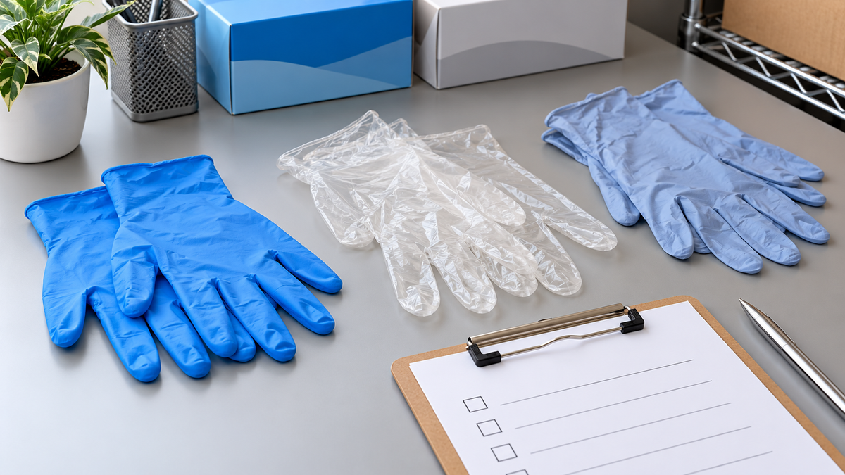 Synthetic disposable nitrile and vinyl gloves arranged on a procurement worktable