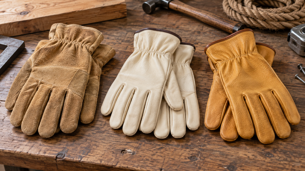 Cowhide, goatskin, and pigskin leather work gloves arranged on a clean workshop bench