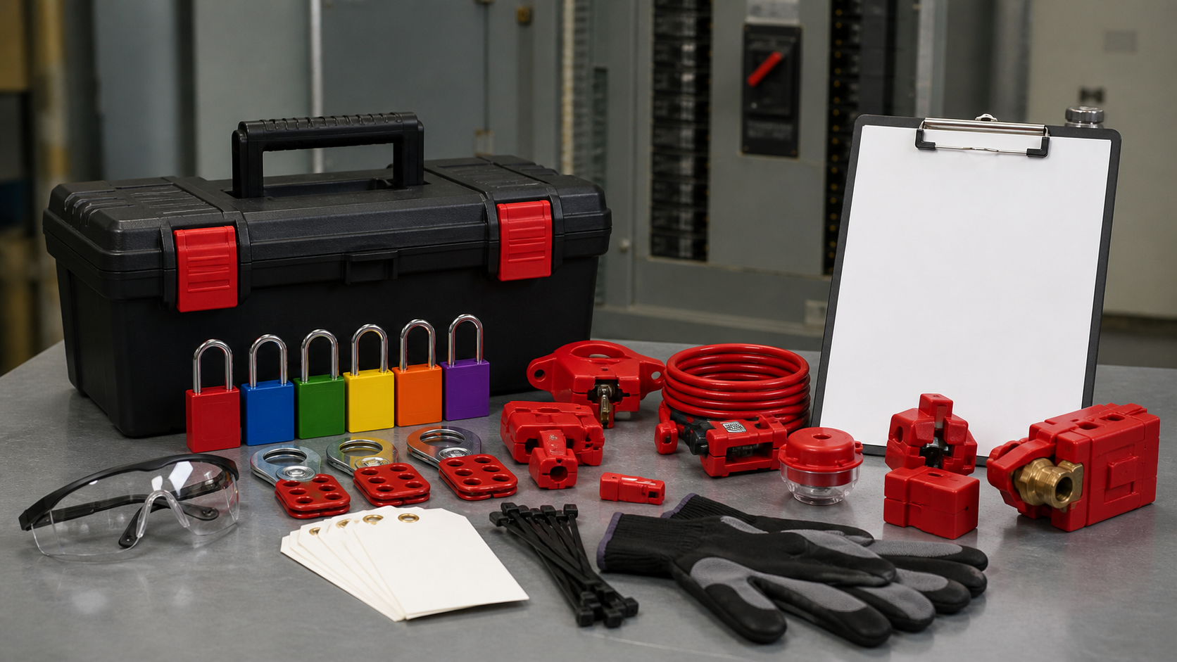 Lockout tagout kit supplies including padlocks, hasps, valve and breaker lockouts, blank tags, safety glasses, gloves, and checklist