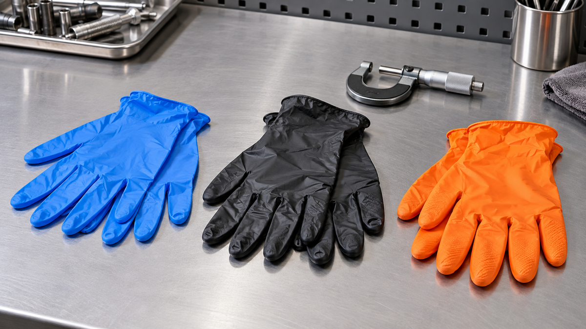 Blue, black, and orange nitrile gloves representing different glove thicknesses on a clean workbench
