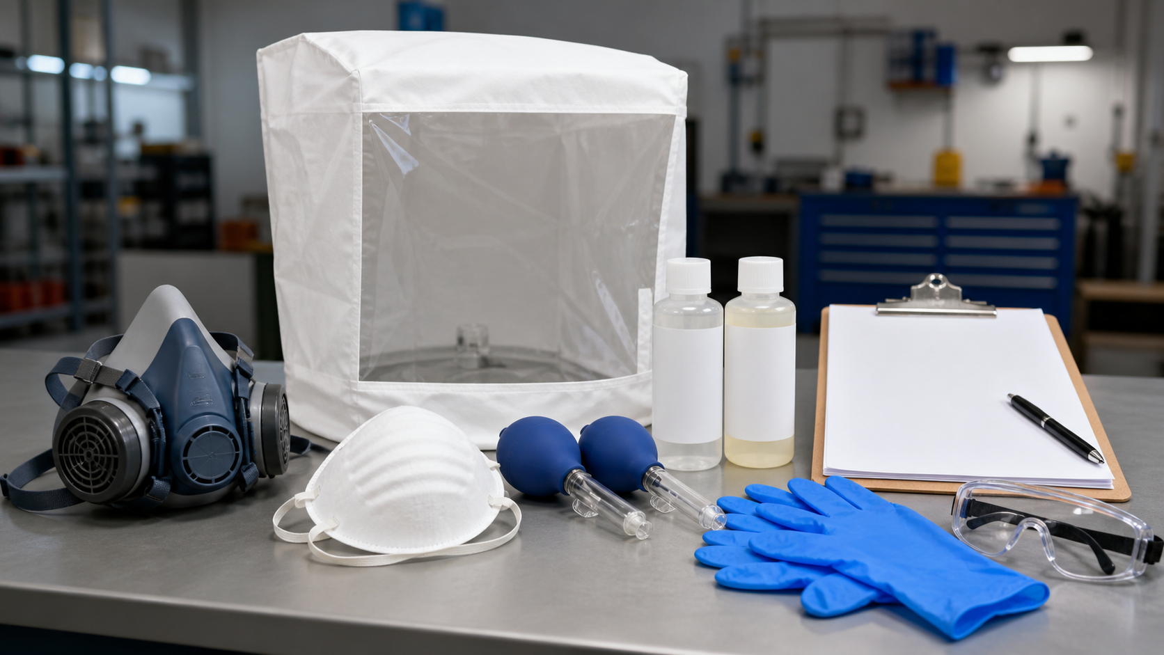 Respirator fit testing supplies with half-face respirator, filtering facepiece, test hood, nebulizers, solution bottles, gloves, goggles, and checklist