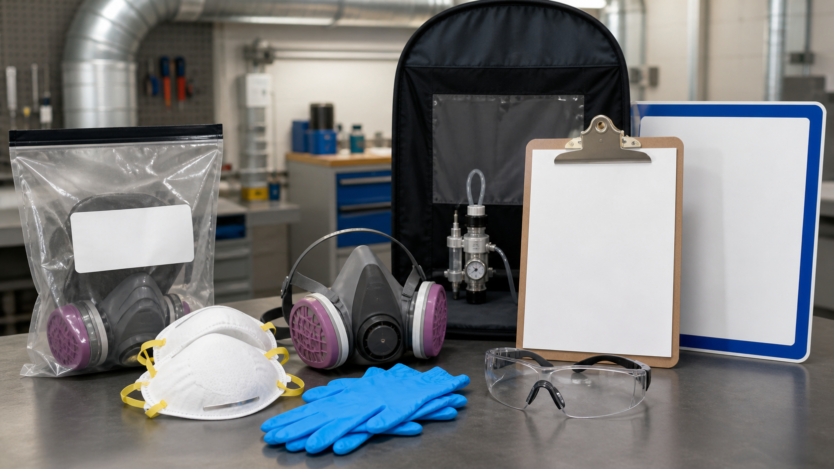 Respiratory protection supplies including half-face respirator, disposable respirators, storage bag, fit test kit, gloves, safety glasses, blank sign, and checklist