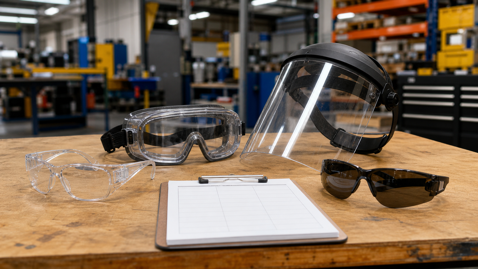 Safety glasses, goggles, and face shield arranged on an industrial workbench for eye and face protection selection