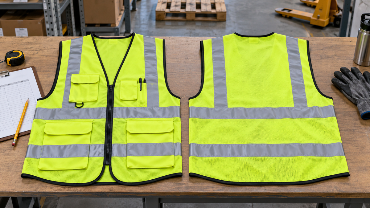 High-visibility safety vest with reflective bands and utility pockets laid on a worktable