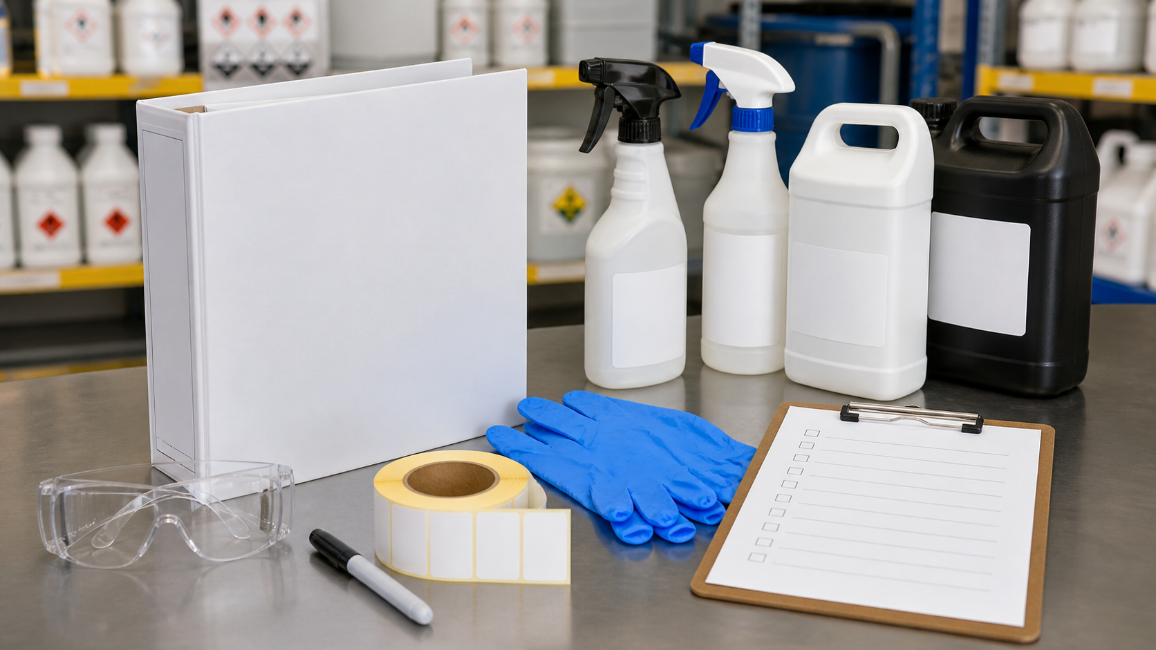SDS binder, blank chemical labels, spray bottles, gloves, goggles, marker, label roll, and hazard communication checklist