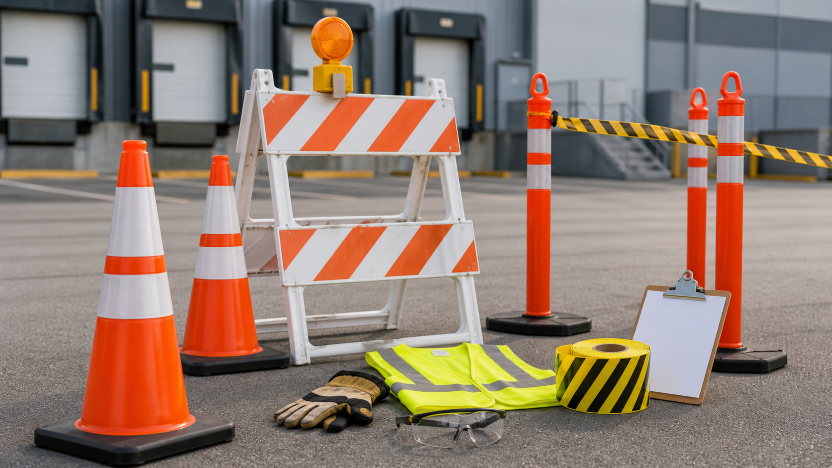 Traffic cones, barricade, delineator posts, caution tape, high-visibility vest, gloves, safety glasses, and checklist