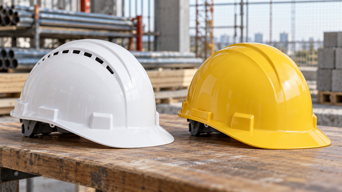 Vented and non-vented hard hats displayed side by side on a worktable