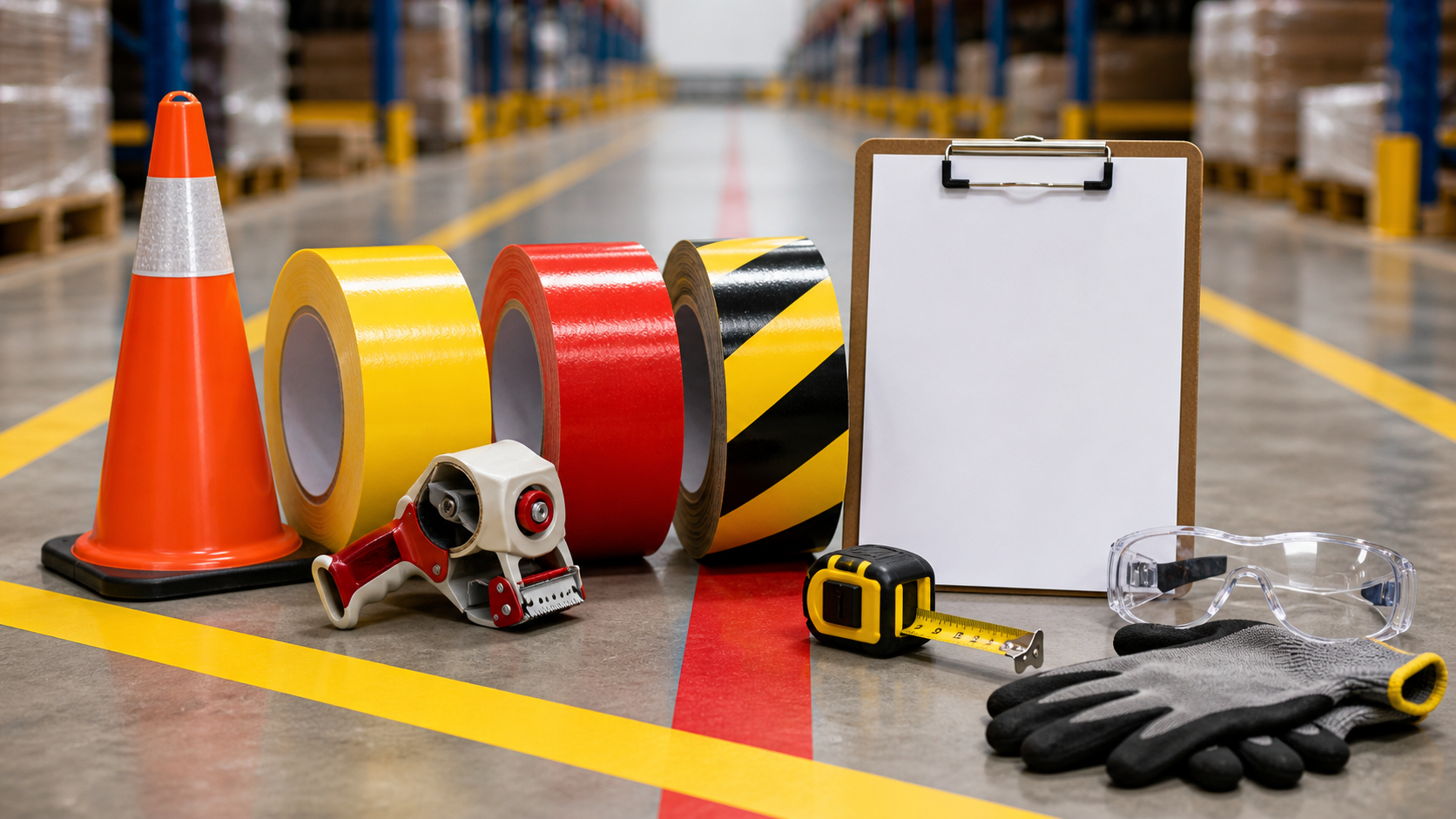 Warehouse floor marking tape rolls, hazard tape, tape applicator, traffic cone, measuring tape, gloves, safety glasses, and checklist