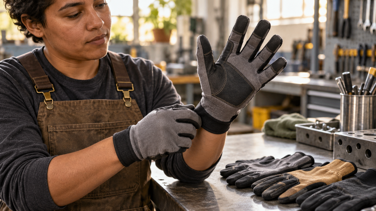 Worker trying on fitted work gloves at a workbench with other sizes nearby