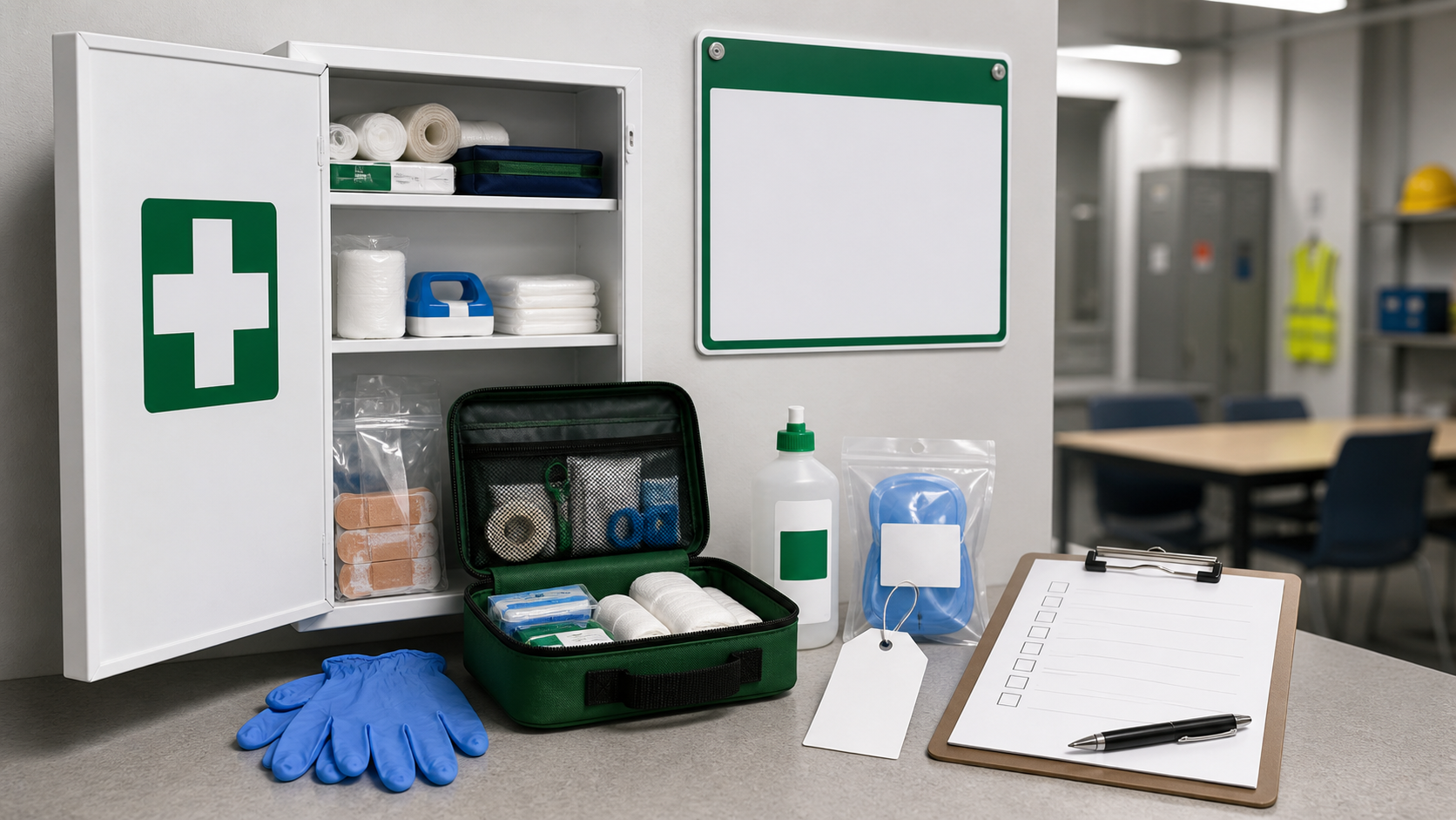 Workplace first aid cabinet and kit with bandages, gauze, nitrile gloves, CPR face shield pouch, eyewash bottle, inspection tag, sign, and checklist