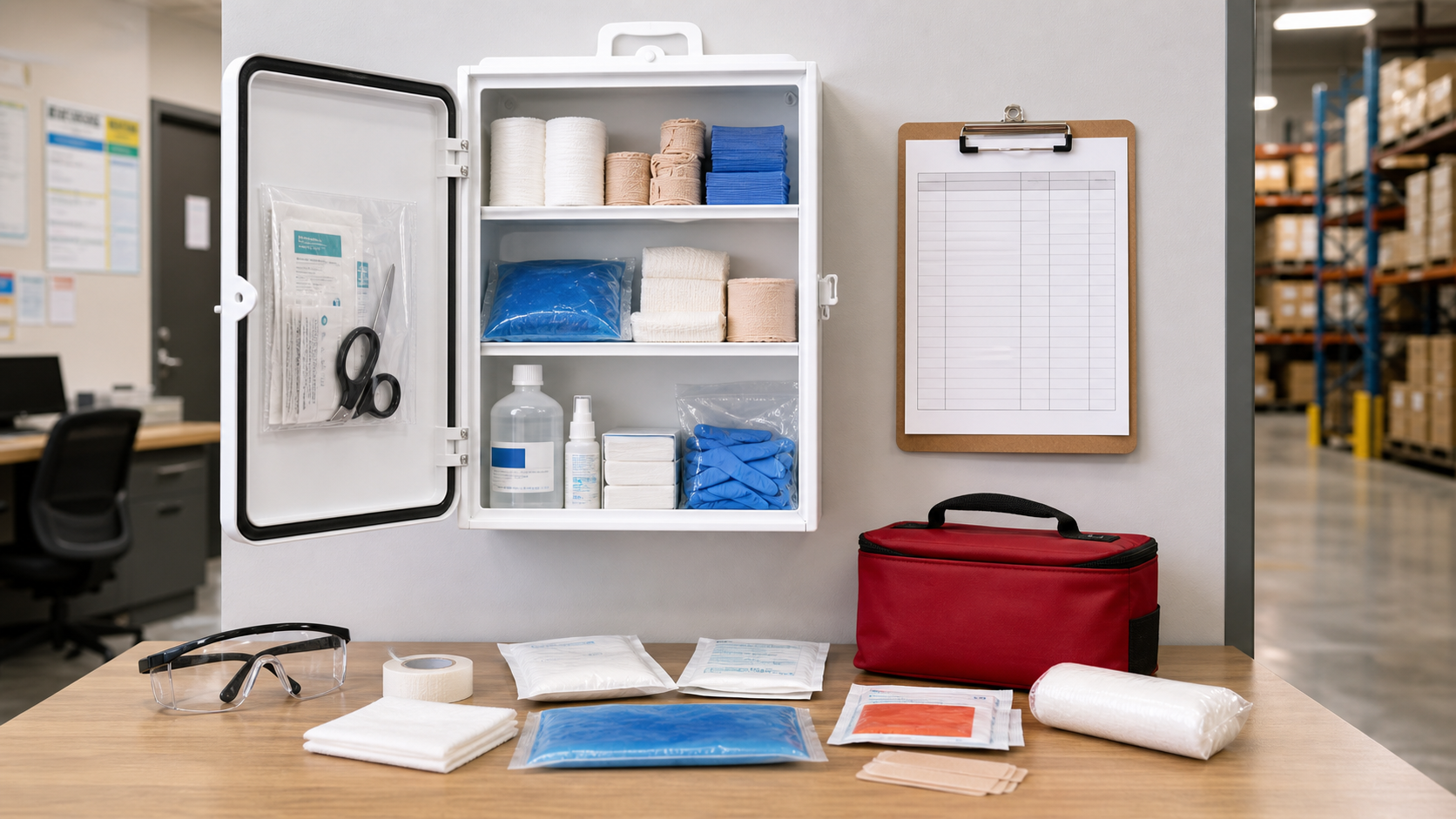 Workplace first aid kit supplies with bandages, gloves, cold pack, eyewash bottle, and inspection checklist