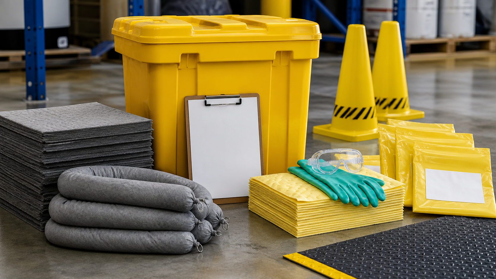 Workplace spill kit with absorbent pads, absorbent socks, disposal bags, gloves, goggles, cones, and checklist