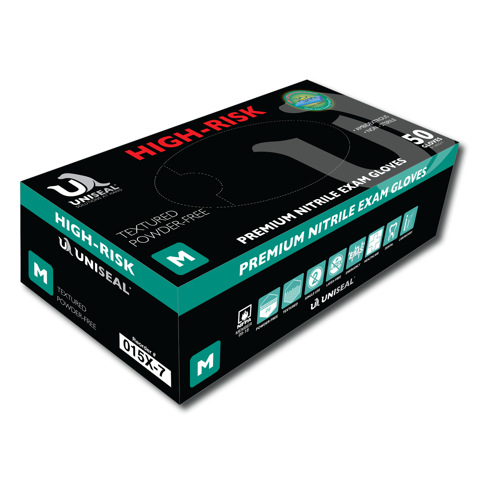 UniSeal High-Risk Powder-Free Nitrile Gloves 15Mil - (Tested for use with Chemotherapy Drugs per ASTM D6978.) Box