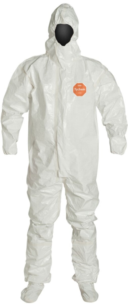 DuPont White Tychem® 4000 12 mil Chemical Protective Coveralls (With Respirator Fitting Hood, Elastic Wrists And Attached Socks)