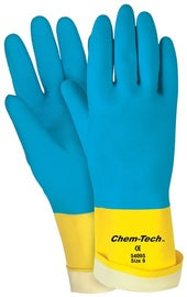 MCR Safety Blue And Yellow Chem-Tech Flock Lined 28 mil Latex Chemical Resistant Gloves