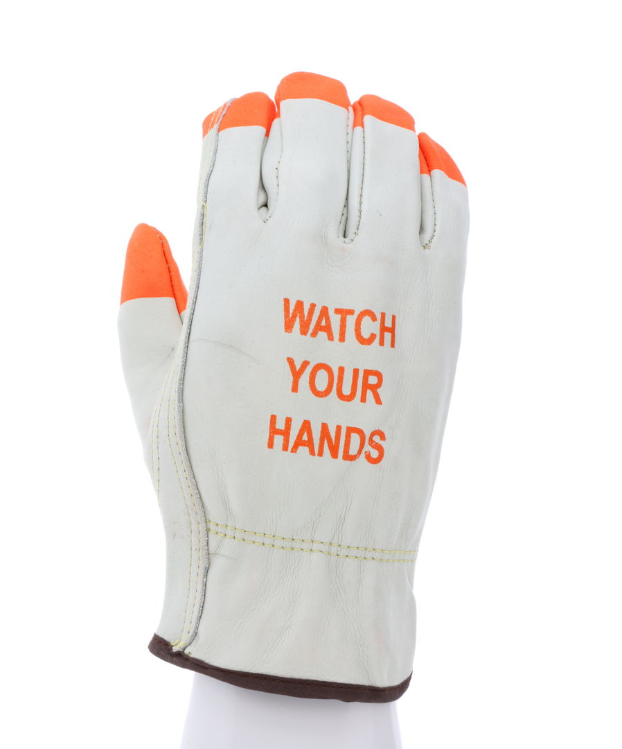 MCR Safety - WATCH YOUR HANDS - Leather Drivers Work Gloves Orange Tips -