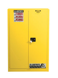 Justrite 60 Gallon, 2 Shelves, 1 Bi-Fold Self Close Door, Flammable Cabinet, Sure-Grip EX, Yellow