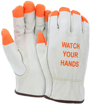 MCR Safety - WATCH YOUR HANDS - Leather Drivers Work Gloves Orange Tips -