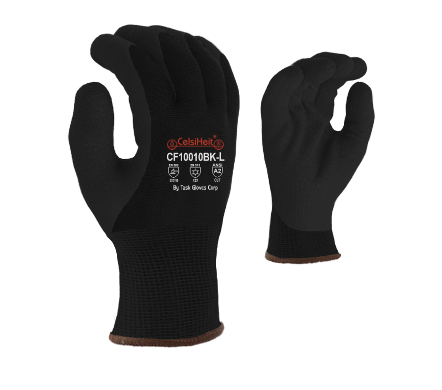 Black Heavy Thermal Shell, Double Layer Acrylic Insulation, Black Crinkle Latex Palm Coated Gloves with PVC Waterproof Barrier - Dozen