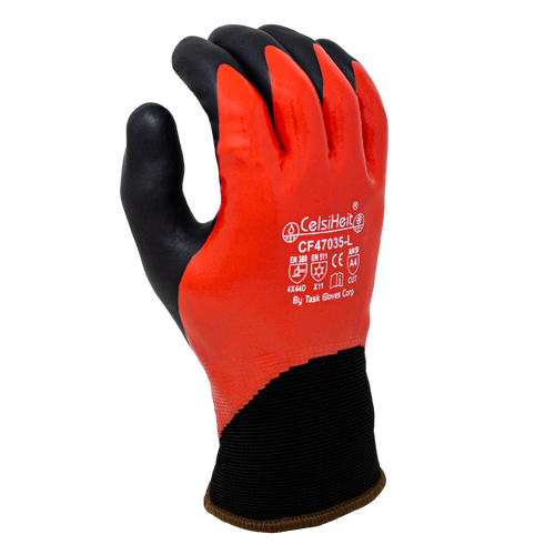 Double Dipped, Fully coated Nitrile, Black Foam Nitrile palm coated, 13 gauge HDPE shell, 7 gauge Terry lined, ANSI A4 - Dozen