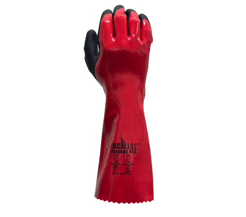 Task Gloves CHEM101® Ergomax - Red Smooth Co-Polymer Fully coated, Black Sandy-Foam Co-Polymer palm coated, 18 Gauge Nylon Knit liner, 15" Length - Dozen