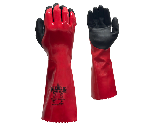 Task Gloves CHEM101® Ergomax - Red Smooth Co-Polymer Fully coated, Black Sandy-Foam Co-Polymer palm coated, 18 Gauge Nylon Knit liner, 15" Length - Dozen
