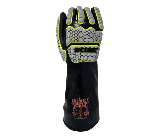 Task Gloves CHEM101® Chem Exo Plus - Black smooth Co-Polymer Fully coated, Black Sandy-Foam Co-Polymer palm coated, 15 Gauge Aramid+Stainless Steel liner, ANSI Cut A5, 15" Length, TPR back - Dozen